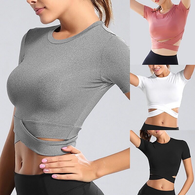 Women Short Sleeve Running Shirts Sexy Exposed Navel Yoga T-shirts Solid Sports Shirts Quick Dry Fitness Gym Crop Tops Sport Wear