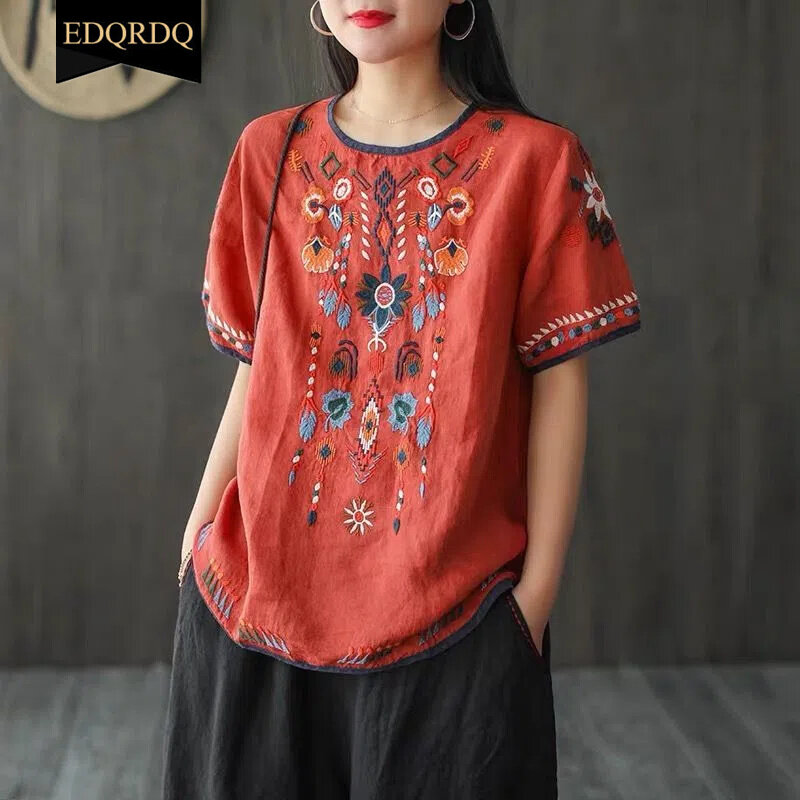 EDQRDQ Women's Embroidered Blouse Cotton Linen Short Sleeve Peasant Boho Mexican Tunic Top Casual T Shirt