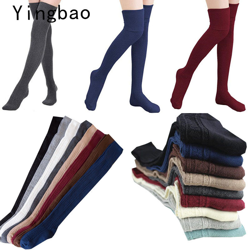 Yingbao Korean style Long Socks Thick Women Thigh High Over The Knee Winter warm Cotton knitted ladies Casual Boot Stockings Leg Warmers White Black Maroon Dark Blue Grey