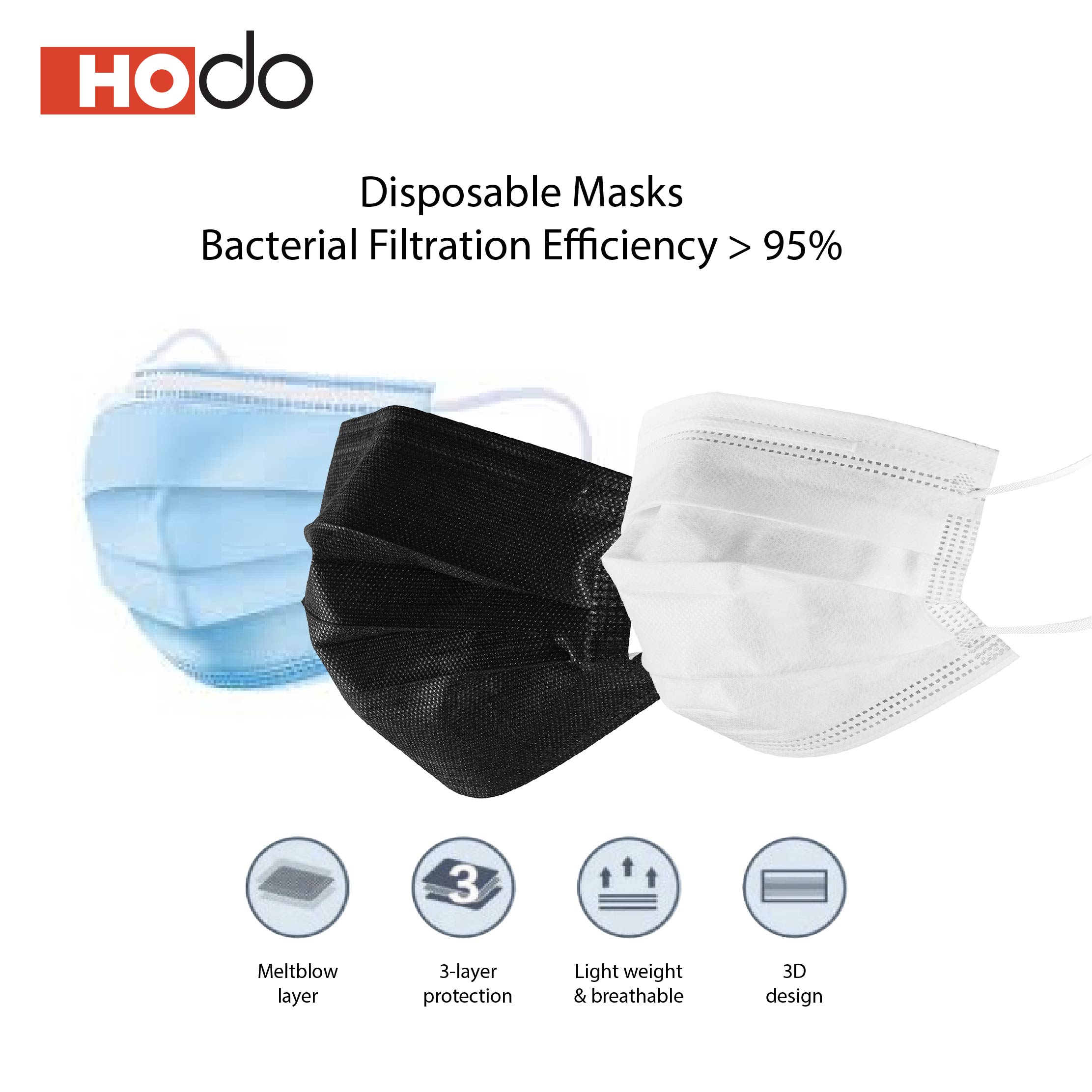 Hodo 50 Pcs 3 Ply Disposable Face Mask SG Ready Stock Non-Medical Mask Anti-fog Anti-virus Protective Cover Facemask for Adult