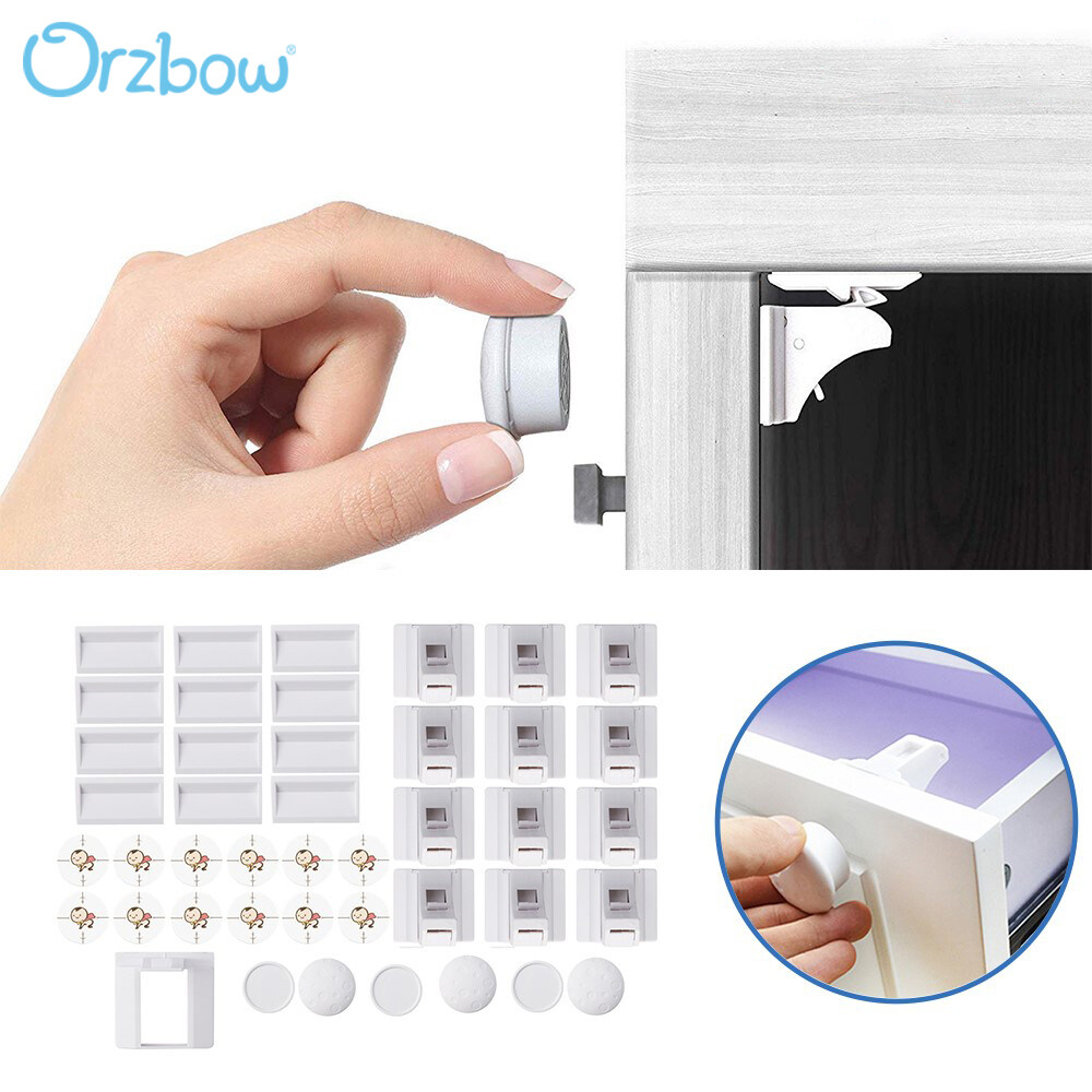 Orzbow Magnetic Child Safety Lock Baby Safe Cabinet Drawer Door Protection Lock Kids Security 12/16 Locks + 3/4 Keys With Auxiliary installation device