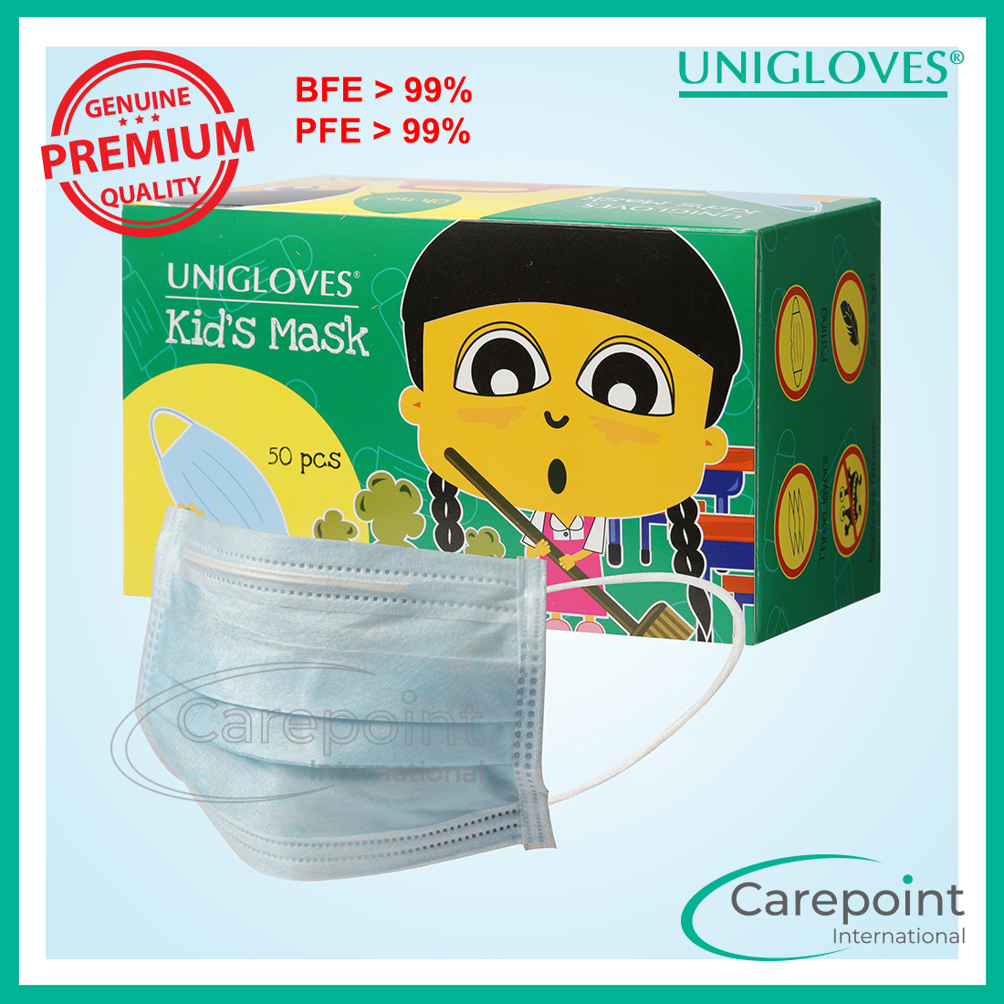 UNIGLOVES 3ply Children Face Mask, Earloop [Premium Quality Medical Grade] 50pcs/box