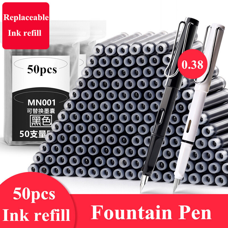 0.38mm Fountain Pen set with replaceable ink refill, 2 Pens + 50 disposable ink refills Student School&Office Stationery